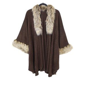 Brown Faux Fur Trim Floral Embossed Wrap Shawl